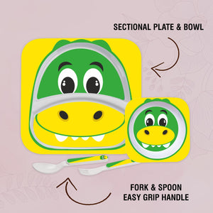Cello Kids Meal Melamine Dinner Set with Crocodile Print | Safe and hygenic for Kids to use | Attractive and Long Lasting Designs | Break Resistant | Yellow, Set of 4