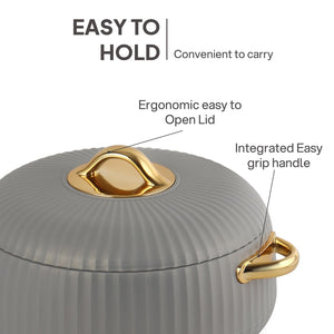 Cello Aurum Luxury Insulated Casseroles Set of 2, Grey 1000ml Each | Double Walled Thermoware Casserole with Lid | Easy Grip Handle| Inner Steel Insulated Serving Bowl Casserole For Roti,Rice,Biryani