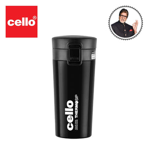 Cello Monty Vacuum Insulated | Travel Coffee Mug Hot and Cold with Lid | Double Walled Carry Flask for Travel, Home, Office, School | 450ml, Black (Stainless Steel)