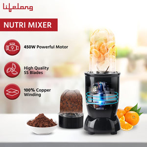 Lifelong Regalia PowerNutri Mixer/Grinder/Blender/Shaker, 2 Stainless Steel Blades,2 Unbreakable Jars, 450 W Powerful Copper Motor (Black, 1 Year warranty, LLNBB001)