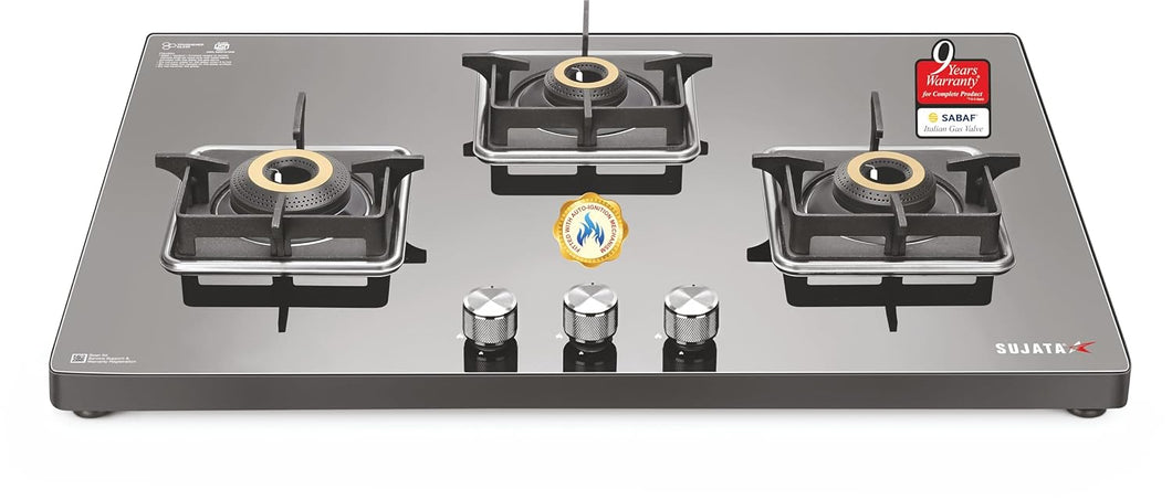 Sujata Gas Stove | 9 Years Warranty | 3 Burner Gas Stove Glass Top, 3 Burner Gas Stove Auto Ignition, SABAF, ISI Certified, LPG & PNG Compatible, 360° Nozzle, Jumbo Brass Burner (Premium - Black)