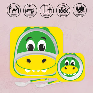 Cello Kids Meal Melamine Dinner Set with Crocodile Print | Safe and hygenic for Kids to use | Attractive and Long Lasting Designs | Break Resistant | Yellow, Set of 4