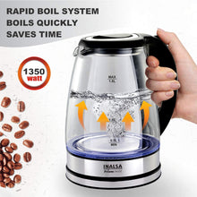 Load image into Gallery viewer, Inalsa Electric Kettle Prism Inox - 1350 W with LED Illumination &amp; Boro-Silicate Body, 1.8 L Capacity along with Cordless Base, 2 Year Warranty (Black)
