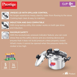 PRESTIGE CLIP ON STAINLESS STEEL PRESSURE COOKER WITH GLASS LID, 3 LITRES, SILVER