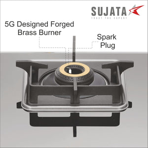 Sujata Gas Stove | 9 Years Warranty | 3 Burner Gas Stove Glass Top, 3 Burner Gas Stove Auto Ignition, SABAF, ISI Certified, LPG & PNG Compatible, 360° Nozzle, Jumbo Brass Burner (Premium - Black)