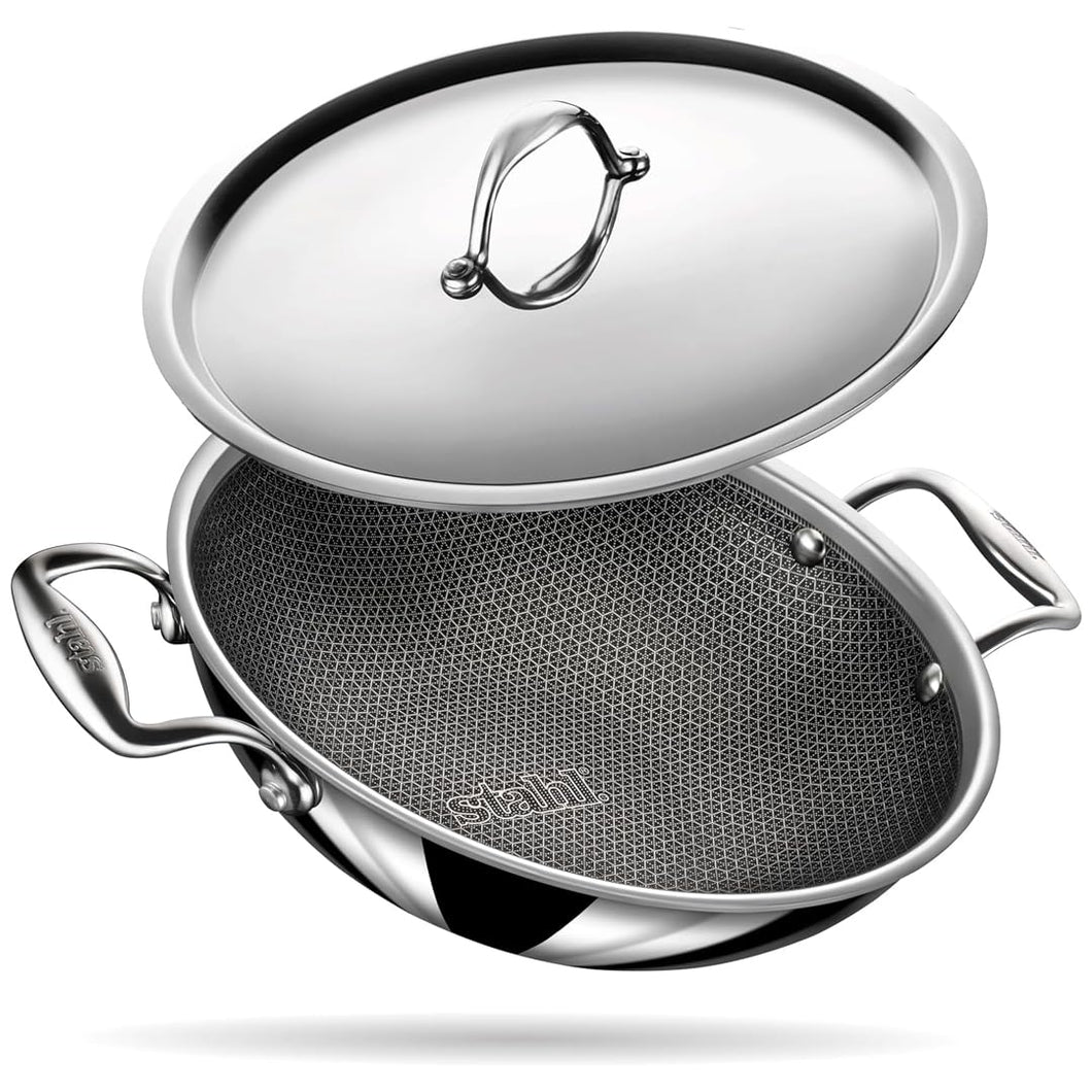 Stahl Artisan Hybrid Triply Non Stick Kadai with Lid, Stainless Steel Kadai for Cooking, Triply Kadhai Metal Spatula Friendly, Induction & Gas Stove Compatible, 2.0 L, 22 cm
