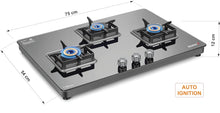 Load image into Gallery viewer, Sujata Gas Stove | 9 Years Warranty | 3 Burner Gas Stove Glass Top, 3 Burner Gas Stove Auto Ignition, SABAF, ISI Certified, LPG &amp; PNG Compatible, 360° Nozzle, Jumbo Brass Burner (Premium - Black)
