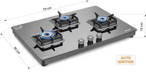 Sujata Gas Stove | 9 Years Warranty | 3 Burner Gas Stove Glass Top, 3 Burner Gas Stove Auto Ignition, SABAF, ISI Certified, LPG & PNG Compatible, 360° Nozzle, Jumbo Brass Burner (Premium - Black)