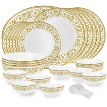 Load image into Gallery viewer, Cello Amitabh Bachchan Opalware Divine Series Oro Dinner Set, 33Pcs | Opal Glass Dinner Set for 6 | Crockery Set for Festive Ocassions, Parties | White Plate and Bowl Set
