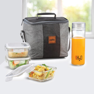 CELLO Glassy Mix Lunch Box Set of 4 | (320ml x 3) & 1 Clear Glass Water Bottle (500ml) | Leak-Proof & Microwavable Toughened Glass | Perfect Lunch Box Set for Office, School & College