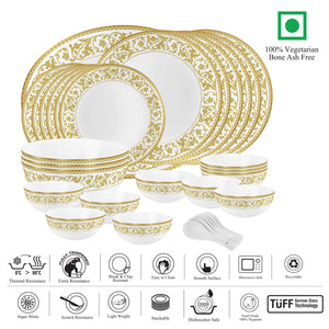 Cello Amitabh Bachchan Opalware Divine Series Oro Dinner Set, 33Pcs | Opal Glass Dinner Set for 6 | Crockery Set for Festive Ocassions, Parties | White Plate and Bowl Set