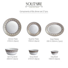 Load image into Gallery viewer, Cello Opalware Solitaire Series Blu Dinner Set, 27Pcs | Opal Glass Dinner Set for 6 | Crockery Set for Festive Ocassions, Parties | White Plate and Bowl Set
