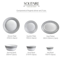 Load image into Gallery viewer, Cello Opalware Solitaire Series Argento Dinner Set, 27Pcs | Opal Glass Dinner Set for 6 | Crockery Set for Festive Ocassions, Parties | White Plate and Bowl Set
