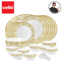 Load image into Gallery viewer, Cello Amitabh Bachchan Opalware Divine Series Oro Dinner Set, 33Pcs | Opal Glass Dinner Set for 6 | Crockery Set for Festive Ocassions, Parties | White Plate and Bowl Set
