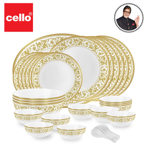 Cello Amitabh Bachchan Opalware Divine Series Oro Dinner Set, 33Pcs | Opal Glass Dinner Set for 6 | Crockery Set for Festive Ocassions, Parties | White Plate and Bowl Set