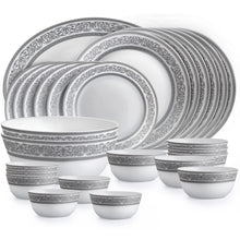 Load image into Gallery viewer, Cello Opalware Solitaire Series Argento Dinner Set, 27Pcs | Opal Glass Dinner Set for 6 | Crockery Set for Festive Ocassions, Parties | White Plate and Bowl Set
