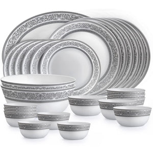 Cello Opalware Solitaire Series Argento Dinner Set, 27Pcs | Opal Glass Dinner Set for 6 | Crockery Set for Festive Ocassions, Parties | White Plate and Bowl Set