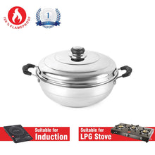 Load image into Gallery viewer, Cello Stainless Steel Induction Base Idli Cooker and Multi Kadhai Set of 6, Silver, 5 Liter | Compatible with Gas Stove &amp; Induction | Ideal for Dhokla, Patra, Idli and Momos
