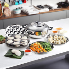 Load image into Gallery viewer, Cello Stainless Steel Induction Base Idli Cooker and Multi Kadhai Set of 6, Silver, 5 Liter | Compatible with Gas Stove &amp; Induction | Ideal for Dhokla, Patra, Idli and Momos
