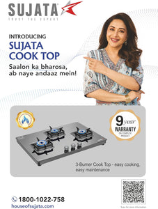 Sujata Gas Stove | 9 Years Warranty | 3 Burner Gas Stove Glass Top, 3 Burner Gas Stove Auto Ignition, SABAF, ISI Certified, LPG & PNG Compatible, 360° Nozzle, Jumbo Brass Burner (Premium - Black)