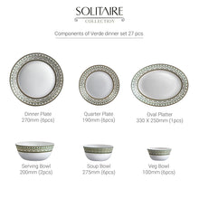 Load image into Gallery viewer, Cello Opalware Solitaire Series Verde Dinner Set, 27Pcs | Opal Glass Dinner Set for 6 | Crockery Set for Festive Ocassions, Parties | White Plate and Bowl Set
