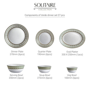 Cello Opalware Solitaire Series Verde Dinner Set, 27Pcs | Opal Glass Dinner Set for 6 | Crockery Set for Festive Ocassions, Parties | White Plate and Bowl Set