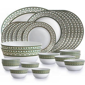 Cello Opalware Solitaire Series Verde Dinner Set, 27Pcs | Opal Glass Dinner Set for 6 | Crockery Set for Festive Ocassions, Parties | White Plate and Bowl Set
