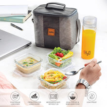 Load image into Gallery viewer, CELLO Glassy Mix Lunch Box Set of 4 | (320ml x 3) &amp; 1 Clear Glass Water Bottle (500ml) | Leak-Proof &amp; Microwavable Toughened Glass | Perfect Lunch Box Set for Office, School &amp; College
