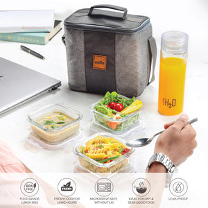 CELLO Glassy Mix Lunch Box Set of 4 | (320ml x 3) & 1 Clear Glass Water Bottle (500ml) | Leak-Proof & Microwavable Toughened Glass | Perfect Lunch Box Set for Office, School & College