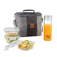 Load image into Gallery viewer, CELLO Glassy Mix Lunch Box Set of 4 | (320ml x 3) &amp; 1 Clear Glass Water Bottle (500ml) | Leak-Proof &amp; Microwavable Toughened Glass | Perfect Lunch Box Set for Office, School &amp; College
