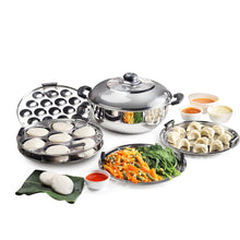 Load image into Gallery viewer, Cello Stainless Steel Induction Base Idli Cooker and Multi Kadhai Set of 6, Silver, 5 Liter | Compatible with Gas Stove &amp; Induction | Ideal for Dhokla, Patra, Idli and Momos
