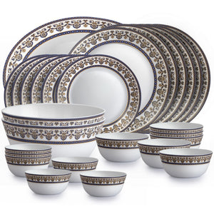Cello Opalware Solitaire Series Blu Dinner Set, 27Pcs | Opal Glass Dinner Set for 6 | Crockery Set for Festive Ocassions, Parties | White Plate and Bowl Set