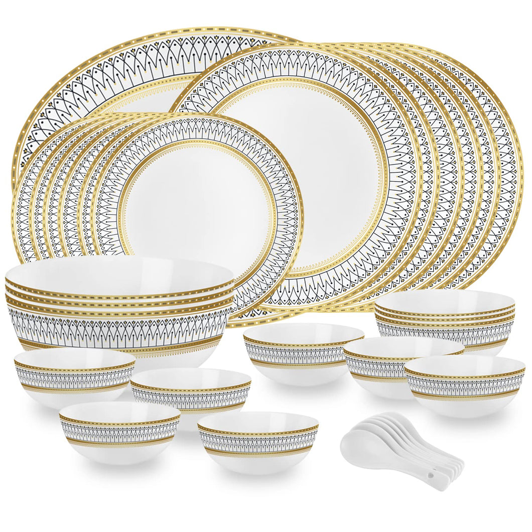 Cello Amitabh Bachchan Opalware Divine Series Elinor Dinner Set, 33Pcs | Opal Glass Dinner Set for 6 | Crockery Set for Festive Ocassions, Parties | White Plate and Bowl Set