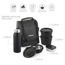 Load image into Gallery viewer, CELLO Max Fresh All in One Lunch Box Set of 5 with Fabric Bag | 3 Plastic Containers with Steel Inner, 1 Pickle Box and 1 Steel Bottle | Microwave Safe | Full Meal and Easy to Carry
