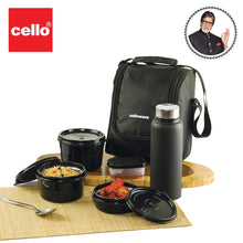 Load image into Gallery viewer, CELLO Max Fresh All in One Lunch Box Set of 5 with Fabric Bag | 3 Plastic Containers with Steel Inner, 1 Pickle Box and 1 Steel Bottle | Microwave Safe | Full Meal and Easy to Carry

