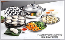 Load image into Gallery viewer, Cello Stainless Steel Induction Base Idli Cooker and Multi Kadhai Set of 6, Silver, 5 Liter | Compatible with Gas Stove &amp; Induction | Ideal for Dhokla, Patra, Idli and Momos
