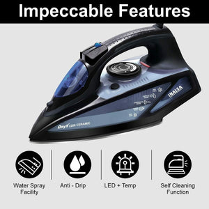Inalsa Onyx, 2200W, Steam Iron with Ceramic Coated Sole Plate| Anti-Drip Function and Anti-Calc, Blue/Black
