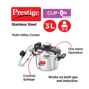 PRESTIGE CLIP ON STAINLESS STEEL PRESSURE COOKER WITH GLASS LID, 3 LITRES, SILVER