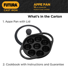 Load image into Gallery viewer, Hawkins Futura 16 cm Cast Iron Appe Pan, Non Stick Paniyaram Pan with Glass Lid, 8 Cups Paniyarakkal Pan, Litti Pan, Kuzhi Paniyaram Pan, Ponganalu Pan, Black (CIAP16G)
