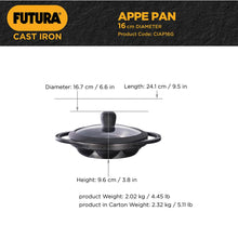 Load image into Gallery viewer, Hawkins Futura 16 cm Cast Iron Appe Pan, Non Stick Paniyaram Pan with Glass Lid, 8 Cups Paniyarakkal Pan, Litti Pan, Kuzhi Paniyaram Pan, Ponganalu Pan, Black (CIAP16G)
