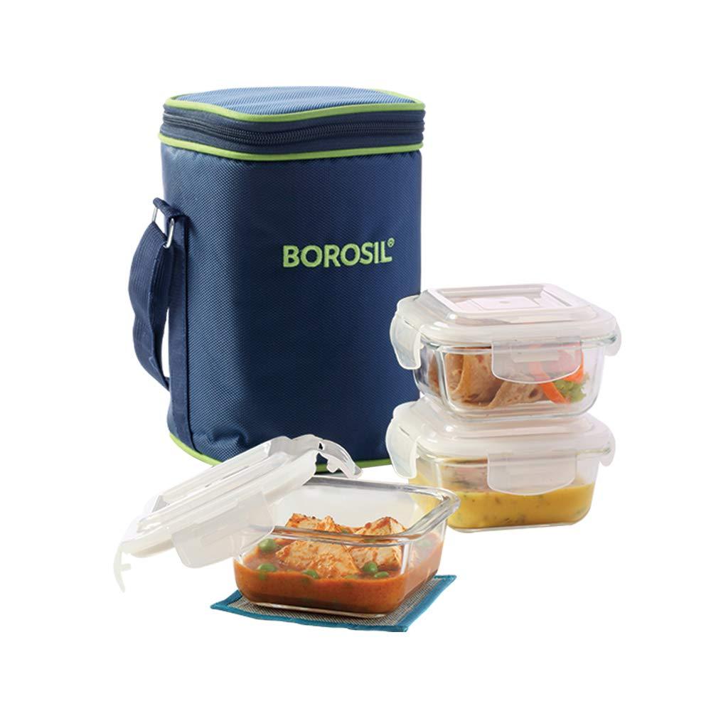 Borosil Glass Lunch Box Set of 3, 320 ml, Microwave Safe Office Tiffin (12 x 12 x 6.5 cm) - KOCHEN ESSENTIAL