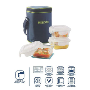 Borosil Glass Lunch Box Set of 3, 320 ml, Microwave Safe Office Tiffin (12 x 12 x 6.5 cm) - KOCHEN ESSENTIAL