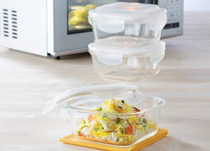 Borosil Glass Lunch Box Set of 3, 320 ml, Microwave Safe Office Tiffin (12 x 12 x 6.5 cm) - KOCHEN ESSENTIAL