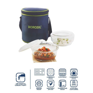 Borosil Glass Lunch Box Set of 2, 400 ml, Vertical, Microwave Safe Office Tiffin - KOCHEN ESSENTIAL