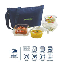 Load image into Gallery viewer, Borosil Glass Daisy Lunch Box Set of 4, (2 pcs 320 ml Square + 2pcs 240 ml Round) Microwave Safe Office Tiffin - KOCHEN ESSENTIAL
