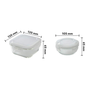 Borosil Glass Daisy Lunch Box Set of 4, (2 pcs 320 ml Square + 2pcs 240 ml Round) Microwave Safe Office Tiffin - KOCHEN ESSENTIAL