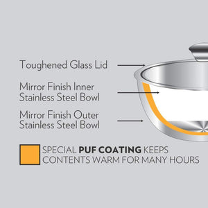 Borosil Stainless Steel Insulated Curry Server 900ML , Silver - KOCHEN ESSENTIAL