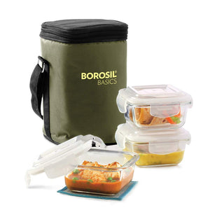 Borosil Basics Glass Lunch Box Set of 3, 320 ml, Square, Microwave Safe Office Tiffin - KOCHEN ESSENTIAL