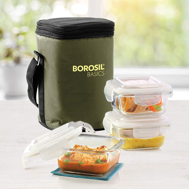 Borosil Basics Glass Lunch Box Set of 3, 320 ml, Square, Microwave Safe Office Tiffin - KOCHEN ESSENTIAL