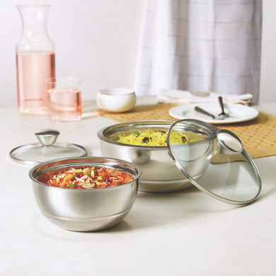 Borosil Stainless Steel Insulated Curry Server, Set of 2 (500ml + 900ml) Silver - KOCHEN ESSENTIAL
